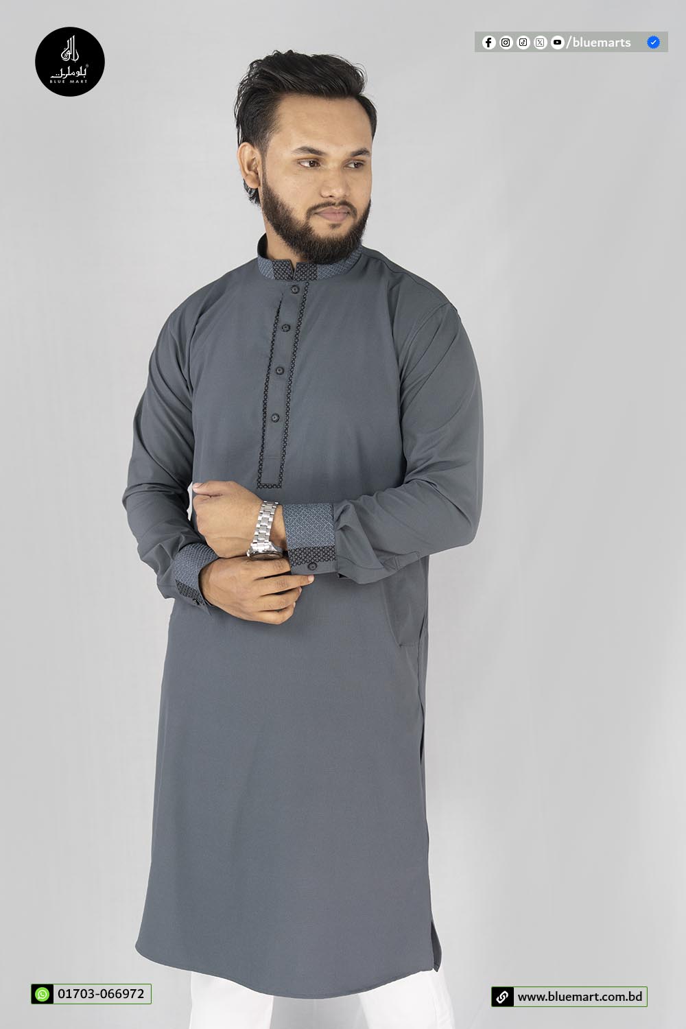 China Premium Fit Panjabi-Mid Grey
